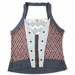 gimmicks by BKE Like New Halter Tank Top Vest Lace Back Boho Patchwork XL